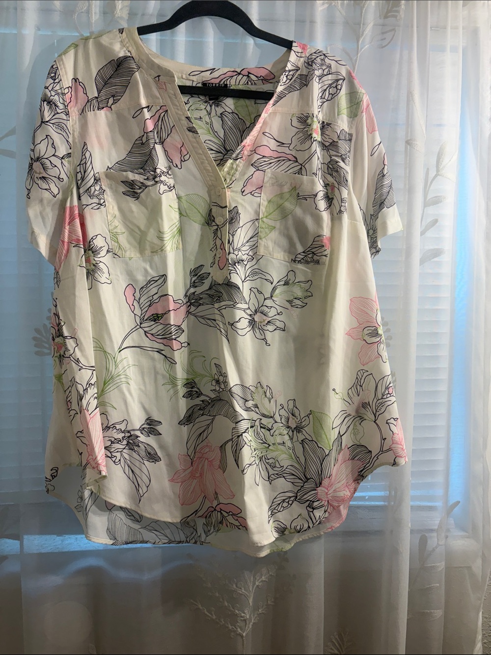 torrid Cream Floral Split-Neck Blouse with Pink & Green Accents